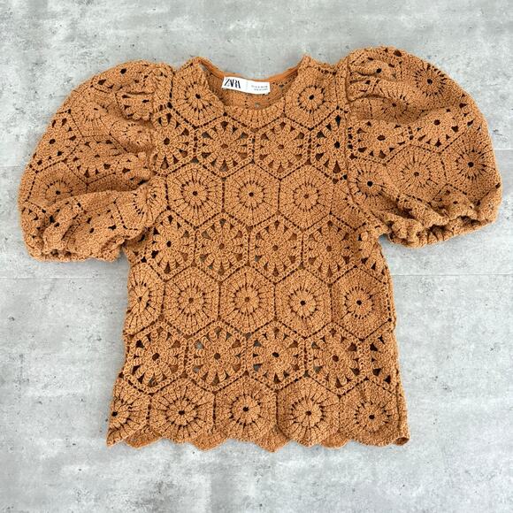 Zara Tops - Zara crochet knit top puffy sleeves burnt orange/brown color Womens size small